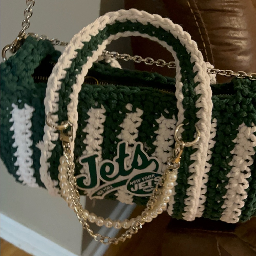 Handmade Crochet NY Jets Duffle Chic Green and White Crochet duffle 10x7"